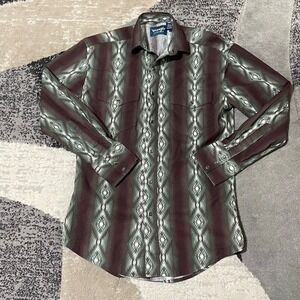 Wrangler Western Shirt Mens Small Brown Green Aztec Geometric Pearl Snap Cowboy